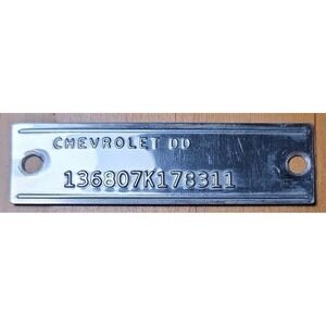 Chevrolet DD Data Plate Tag 136807K178311 Metal Vintage Auto Part